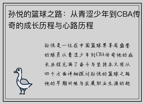 孙悦的篮球之路：从青涩少年到CBA传奇的成长历程与心路历程